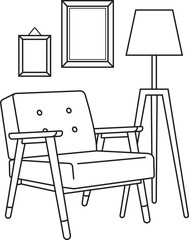 Line Art Drawing Of A Mid Century Modern Armchair With Two Framed Pictures And A Tall Floor Lamp On A Transparent Background