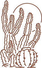 Line art drawing of a desert landscape featuring a tall cactus and a round cactus against a transparent background in a simple sketch style