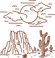 Minimalist desert landscape line art featuring a large sun partially obscured by clouds above a rocky mesa and a saguaro cactus under a clear blue sky with scattered birds in flight