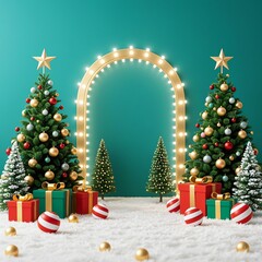 Photo-realistic Christmas scene with green background, gold arch, warm white string lights, two large Christmas trees with gold ornaments and star tops