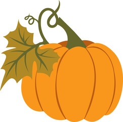 Orange Pumpkin With Green Stem And Leaf On Transparent Background Autumn Harvest And Halloween Vegetable Object