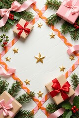 Photo-realistic Christmas design with pine branches, silk ribbons, matte-wrapped gifts, holly and mistletoe, woven diamond borders in warm orange and pink, off-white textured background, gold stars