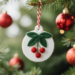Realistic white felt Christmas bauble with green leaves and red berries on pine branch, blurred green foliage and red ornaments in background, soft natural light