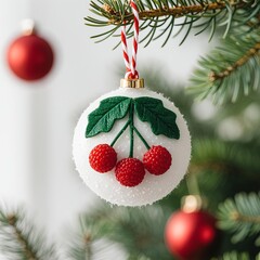 Realistic white felt Christmas bauble with green leaves and red berries on pine branch, blurred green foliage and red ornaments in background, soft natural light