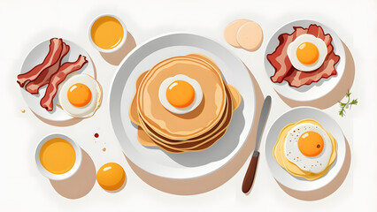 Overhead View of a Hearty American Breakfast Spread in Minimalist Flat Design Style
