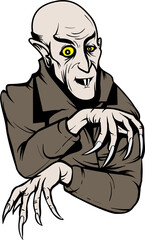 Pale Bald Vampire Character with Yellow Eyes and Sharp Claws Wearing a Brown Coat on a Transparent Background