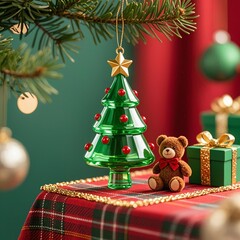 Realistic Christmas tree ornament shaped like small green tree with red berries, gold star