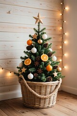 Photo-realistic rustic Christmas tree in wicker basket with dried orange slices, star anise, pinecones, wood stars, white/gold/orange baubles, twine garland, fairy lights; wood panel wall and floor