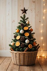 Photo-realistic rustic Christmas tree in wicker basket with dried orange slices, star anise, pinecones, wood stars, white/gold/orange baubles, twine garland, fairy lights; wood panel wall and floor