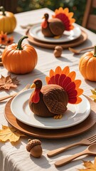 Realistic Thanksgiving table setting with turkey-shaped place cards (brown bodies, gradient orange-red paper feathers) on white plates, small pumpkins