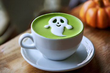 Close-up of 3D Matcha latte in white cup with Halloween-themed latte art and fresh pumpkin on brown wooden table. This green tea Matcha latte features spooky halloween ghost pattern on the milk foam. 