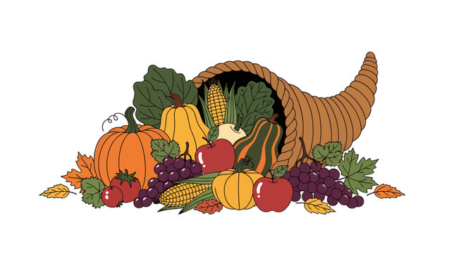 A vibrant illustration of a cornucopia overflowing with a bountiful autumn harvest, featuring pumpkins, squash, apples, grapes, and corn.