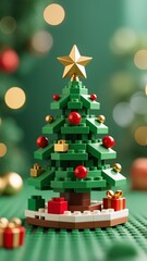 Naklejka premium Photo-realistic Lego Christmas tree with green bricks, golden star, copper and gold ornaments, varied small bricks base, soft blurred background with warm bokeh