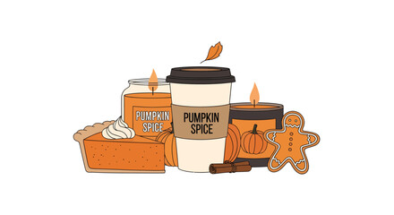 An illustration of fall-themed items including pumpkin pie, candles, coffee, and a gingerbread man.