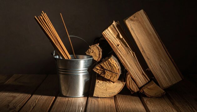 Cinnamon sticks in metal pail beside stacked firewood on rustic table - Powered by Adobe