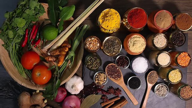 Overhead flat lay vibrant colourful spices herbs fresh produce vegetables legumes on wooden table spread splash smoking spice mix dark black slate metal clay pot palm leaf plate board copy text frame