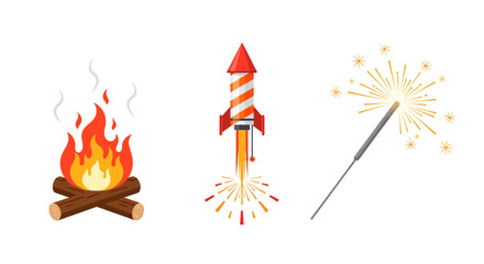 Illustration of a campfire, a rocket launching, and a sparkler with bright sparks.
