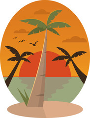 Pixel art tropical beach scene at sunset with palm trees ocean and birds flying across orange sky