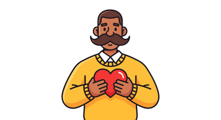 Man with mustache holding a red heart in his hands, wearing a yellow sweater.