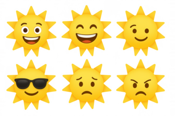 Sun emoji set showing various emotions: smiling, sad, angry, happy, cool with sunglasses, and winking faces