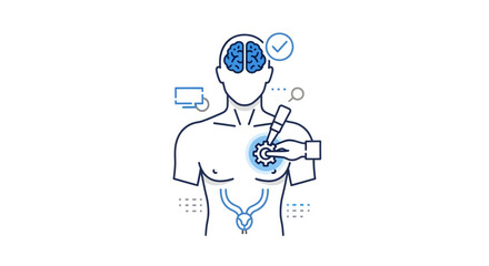 Illustration of a human torso with a brain and medical instruments, symbolizing medical technology and innovation.