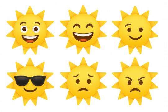 Sun emoji set showing various emotions: smiling, sad, angry, happy, cool with sunglasses, and winking faces