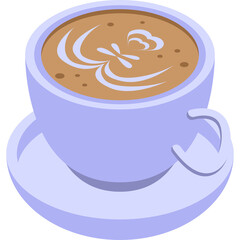 Isometric Coffee Cup With Latte Art And Saucer Light Blue Porcelain With Brown Coffee And White Foam In A Transparent Background