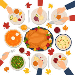 A top-down view of a Thanksgiving dinner table with a roasted turkey, pumpkin pie, and various side dishes, surrounded by people's hands reaching for food.