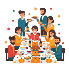 Happy family celebrating Thanksgiving dinner with a roasted turkey, pies, and autumn decorations around a festive table.