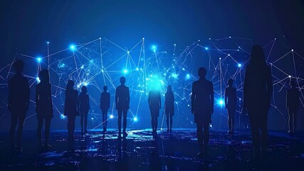 Silhouettes of diverse people stand on a reflective surface before a glowing blue digital network background - Powered by Adobe