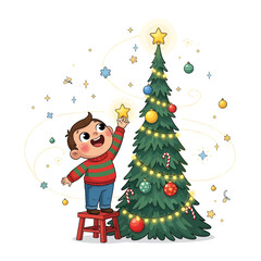 A happy young boy in a striped sweater decorates a Christmas tree with ornaments and lights.