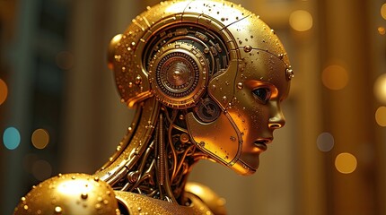 Luxury golden artificial intelligence robot head with intricate mechanical details and circuits, futuristic AI technology concept, premium metallic finish