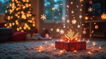 gift with glowing floating icons of tree, snowflake, and ornaments, symbolizing holiday, Christmas, and festive seasonal celebration.