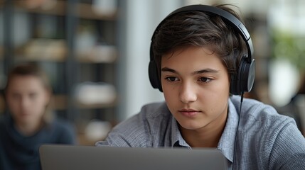 Focused male student with headphones working on laptop for online class.