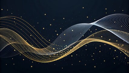 Elegant gold and silver particle waves flowing on dark blue starry background. Luxury digital art with glowing dots and curved lines creating dynamic motion.