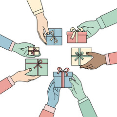 A diverse group of hands holding and exchanging wrapped gift boxes in a circular arrangement.