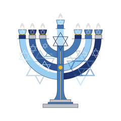 A stylized illustration of a blue menorah with Star of David symbols and lit candles.