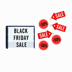 Black Friday sale announcement with a sign and red sale tags, offering discounts for promotional shopping events and seasonal retail promotions.