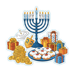Hanukkah celebration with a blue menorah, spinning dreidel, gold gelt coins, sufganiyot donuts, and various gift boxes.