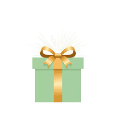A light green gift box with a golden ribbon and bow.