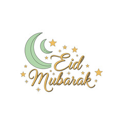 Eid Mubarak greeting in golden script with green crescent moons and stars on a white background.