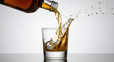Whiskey being poured from a bottle into a glass with ice and a splash. Close-up of a whiskey glass being filled, showing the movement and energy of the liquid as it splashes out of the glass