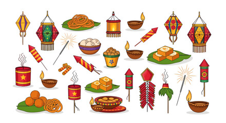 Festive Diwali illustration with lanterns, sweets, firecrackers, and diyas arranged on a white background.