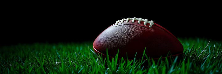 An American football rests on lush green grass under a dramatic, dark sky, with subtle light highlighting its texture, evoking an intense game atmosphere