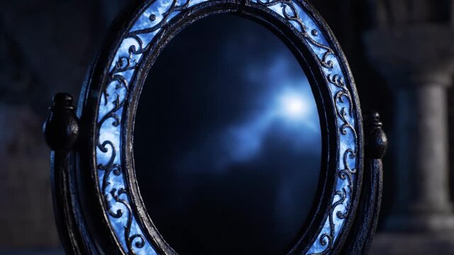 Ancient Fantasy Mirror with Glowing Blue Runes Reveals a Mysterious Celestial Light