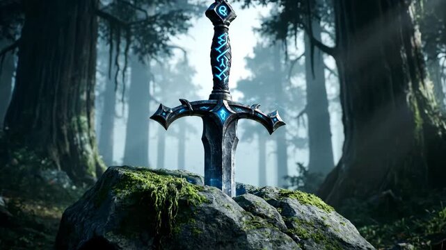 A legendary glowing blue runic sword embedded in a mossy stone, discovered deep within a mystical, foggy ancient forest.