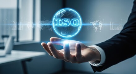 Hologram of ISO above auditor’s hand. ISO 9001 Quality Management System. Internal Audit.
