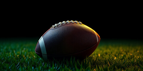An American football rests on lush green grass under a dramatic, dark sky, with subtle light highlighting its texture, evoking an intense game atmosphere