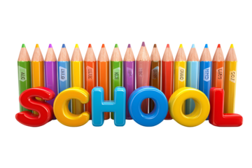 Colorful school letters and pencils isolated on transparent background