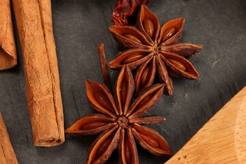 Cinnamon stick and star anise on black slate background